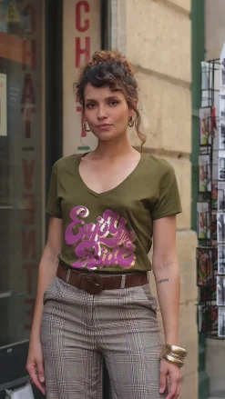 LA PETITE ÉTOILE Tops|T-Shirt Enjoy Kaki